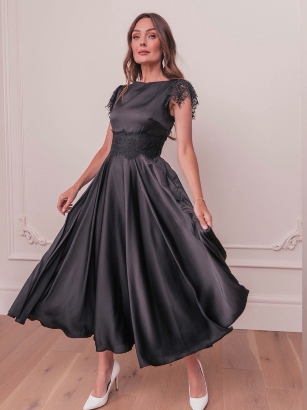 JessaKae Black Lace-Waist Satin Evening Gown